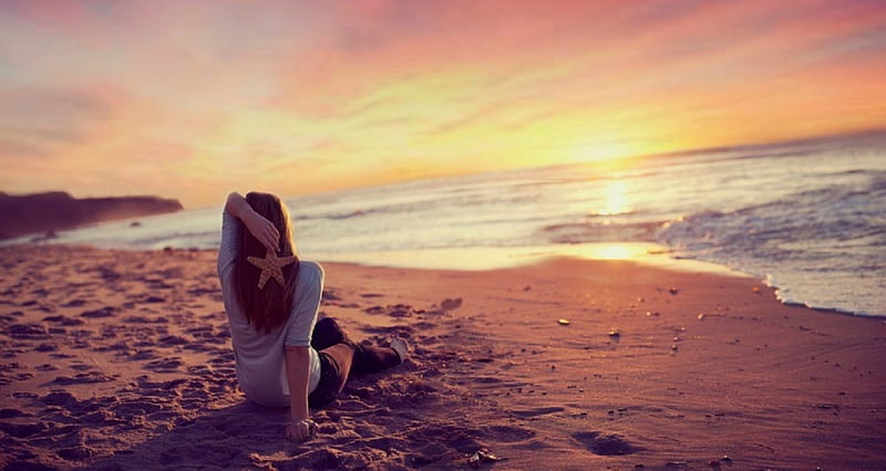 Summer, ocean, bonito, sunset, woman, starfish, sea, beach, graphy ...