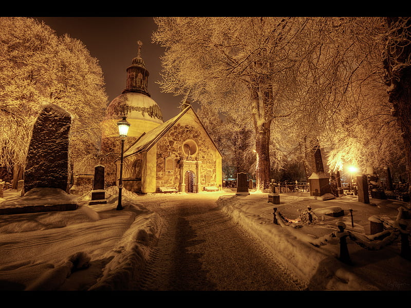 Magic night, golden, religious, church, trees, lights, cold, arhitecture, snow, magical, ice, headlines, beauty, r, popular, frozen, HD wallpaper