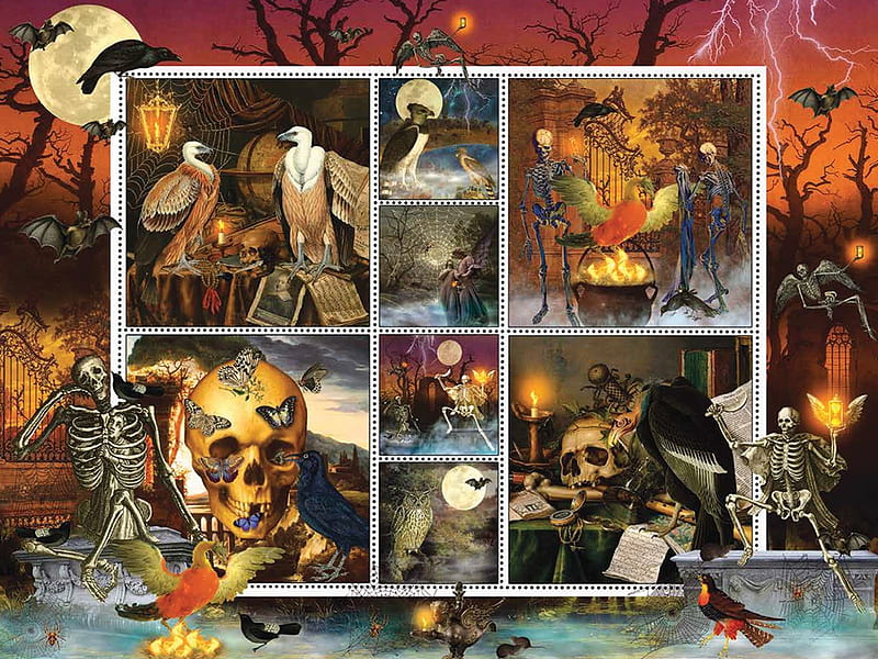 Halloween Stamps, halloween, digital, skeletons, vultures, moon, art, bats, ravens, HD wallpaper