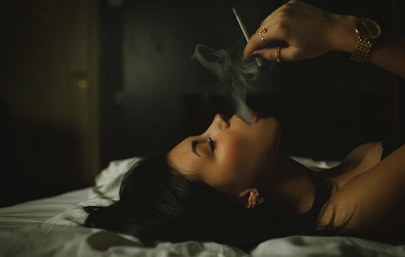 Smoke, brunette, female, girl, hot, cigarette, woman, sexy, HD wallpaper