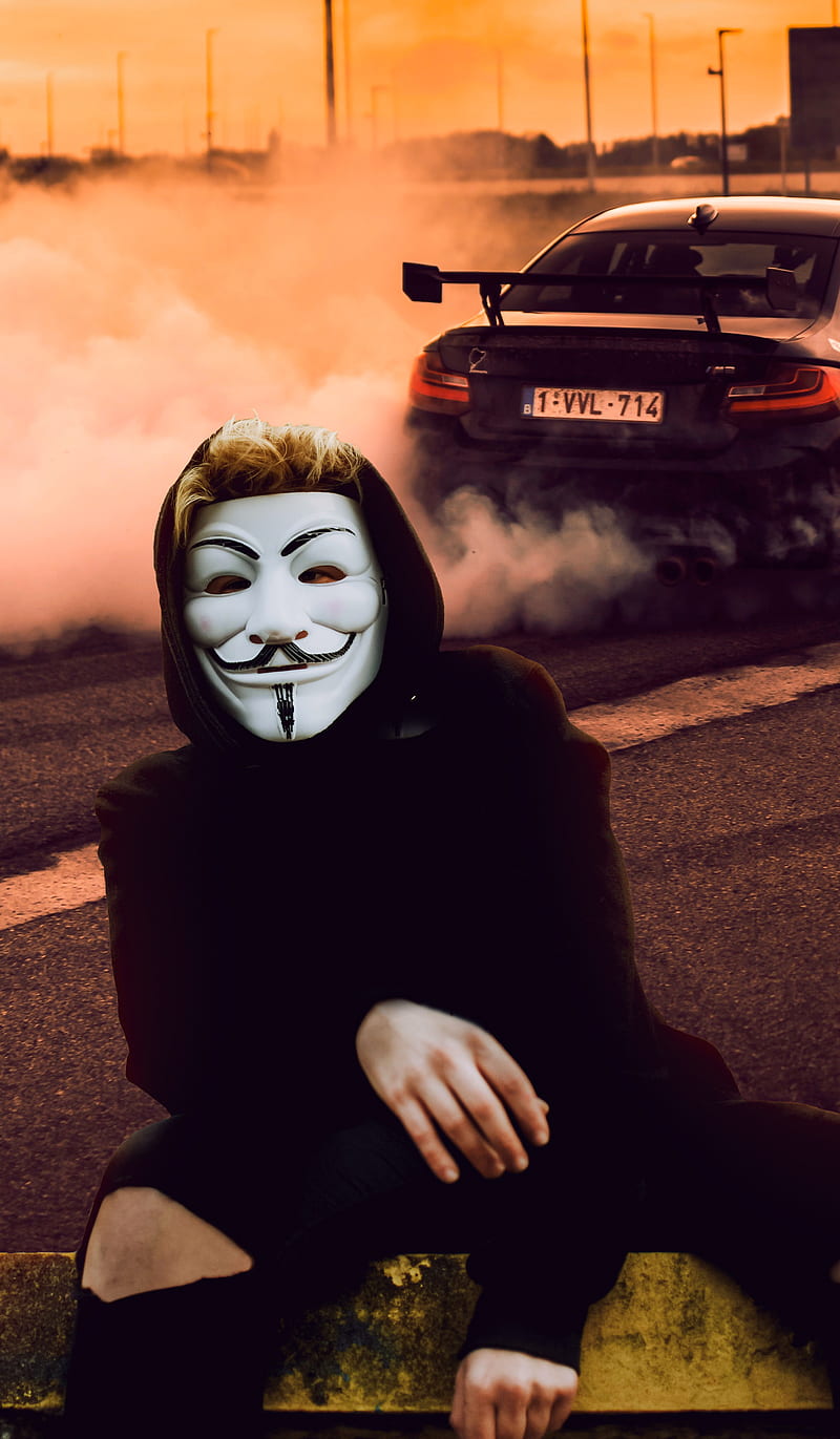 DRIFT SMOKE, anonymous, black, car, drift, mask, racing, red, smoke, sun, sunset, HD phone wallpaper