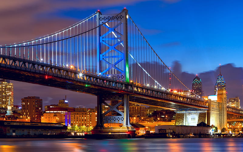 Benjamin Franklin Bridge nightscapes, Philadelphia, USA, America, HD wallpaper