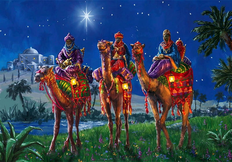 Wise Kings at Bethlehem, christmas, painting, camels, artwork, night, star, HD wallpaper