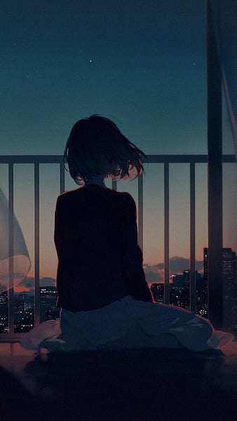 Wallpaper barefoot, girl, twilight, the view from the window, white shirt,  sitting on the windowsill, night city lights, black kitten for mobile and  desktop, section арт, resolution 1920x1080 - download