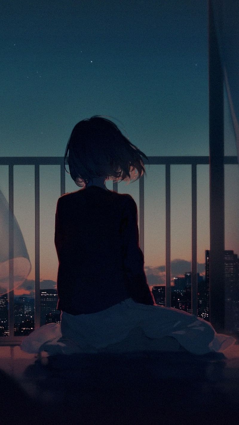 Anime Sad Girl, Sitting Alone Near Balcony, sitting alone, animated, balcony, HD phone wallpaper