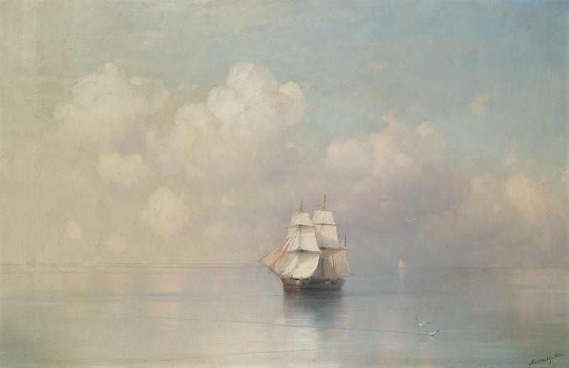 Calm sea, art, water, cloud, ship, painting, pictura, ivan aivazovsky, sea, boat, HD wallpaper