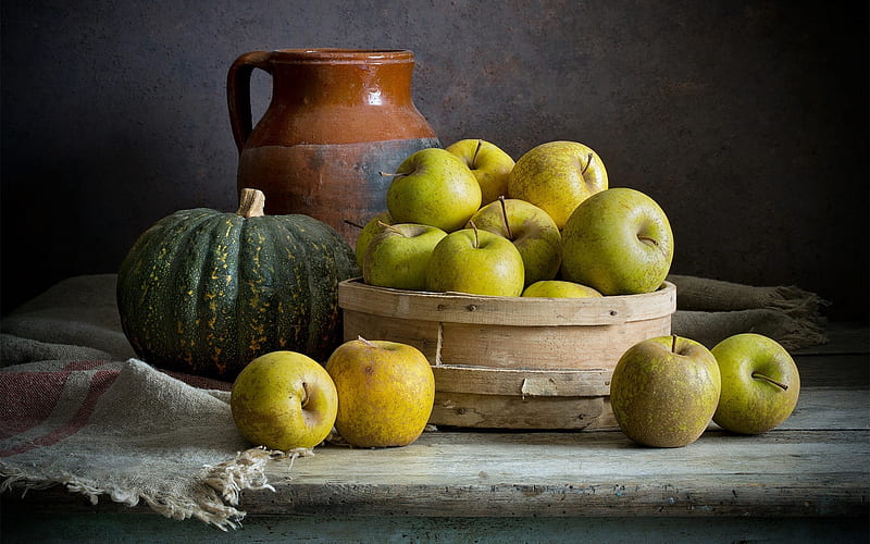 Still Life with Apples, pumpkin, apples, still life, basket, jug, wooden, HD wallpaper