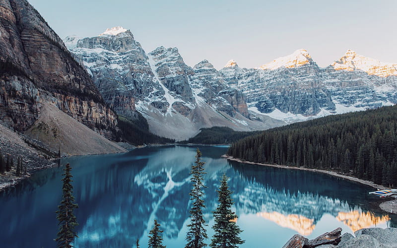Moraine Lake, Canada, mountains, forest, Banff National Park, Alberta, HD wallpaper