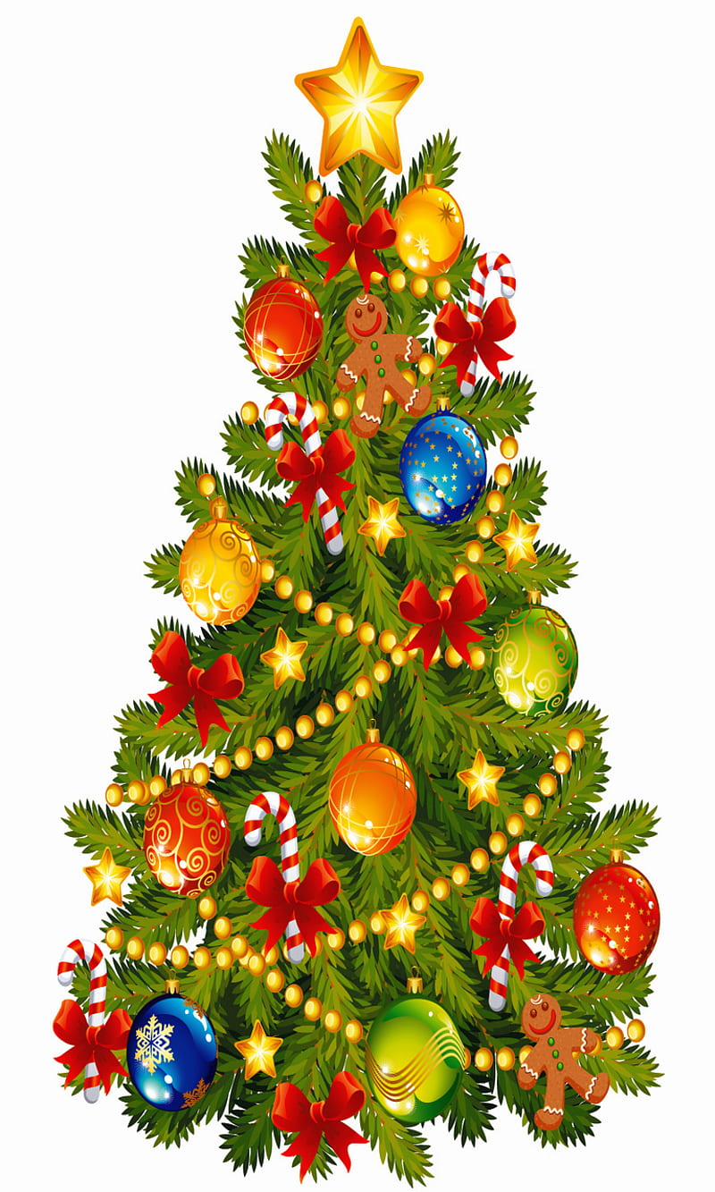 Oh Christmas Tree, candy cane, gingerbread man, ornament, ribbon, star, HD phone wallpaper