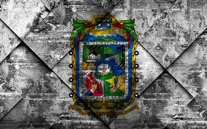 Flag of Puebla, grunge art, rhombus grunge texture, Mexican state, Puebla flag, Mexico, Puebla, State of Mexico, creative art, HD wallpaper