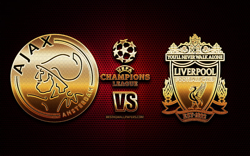 Ajax vs Liverpool, season 2020-2021, Group D, UEFA Champions League, metal grid backgrounds, golden glitter logo, AFC Ajax, Liverpool FC, UEFA, HD wallpaper