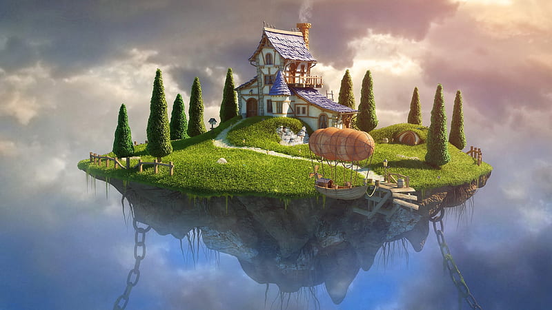 Anchored, house, flying, island, trees, clouds, sky, artwork, HD wallpaper