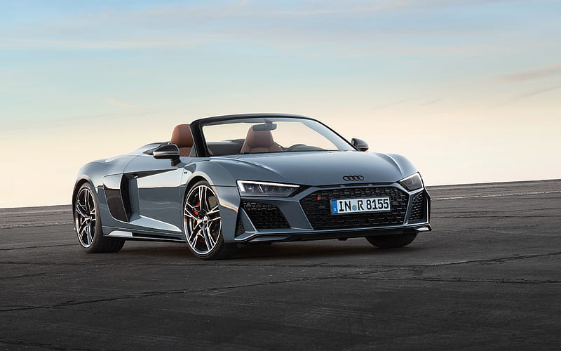 Audi R8, 2019, silver convertible, front view, exterior, new R8, German sports cars, Audi, HD wallpaper