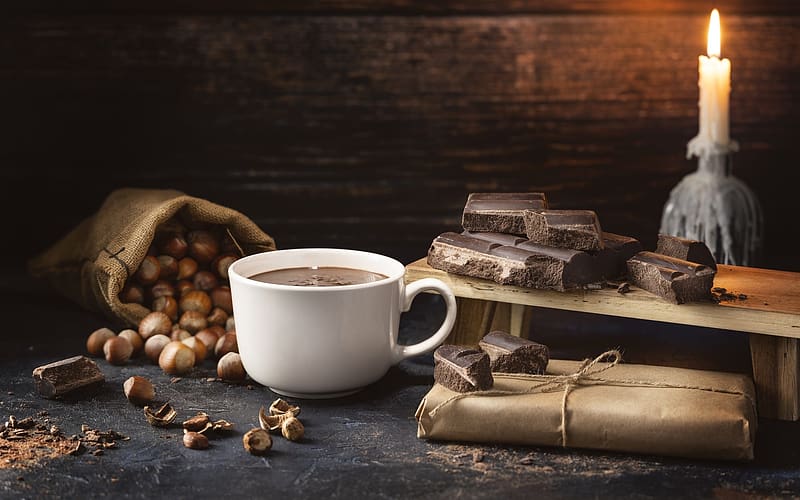 Chocolate, candle, cup, hazelnuts, HD wallpaper
