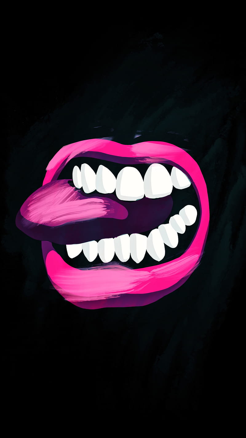 Hot Lips, My, amoled, art, arty, black, cool, digital, drawing, grin, minimal, oled, painting, pink, red, smile, teeth, tongue, true black, vibrant, HD phone wallpaper
