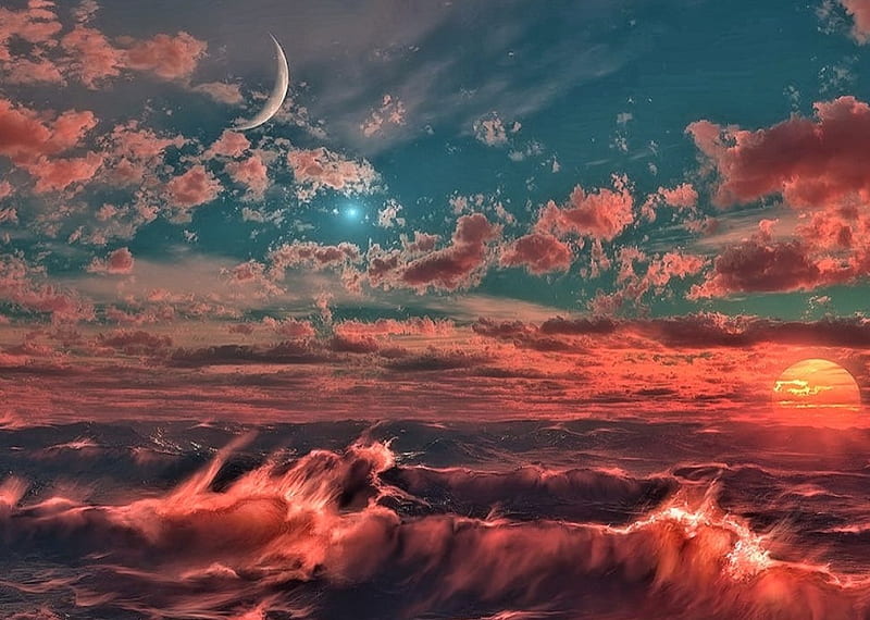 Beautiful Sunset, Art, bonito, Moon, Sunset, HD wallpaper | Peakpx
