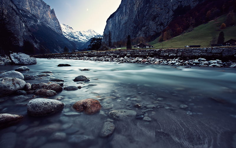 mountain river, mountain landscape, rocks, mountains, Alps, switzerland, HD wallpaper