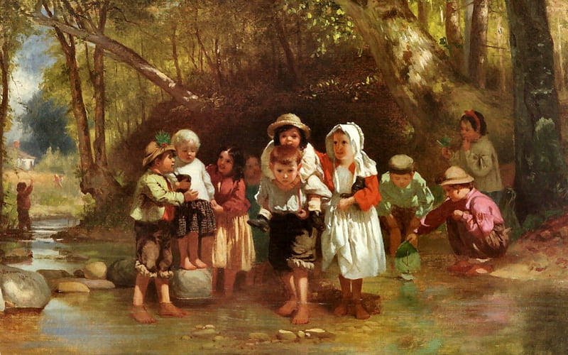 The Wading Party 2, stream, art, brown, children, john g brown, creek, artwork, wading, shallows, water, painting, party, wide screen, river, scenery, HD wallpaper
