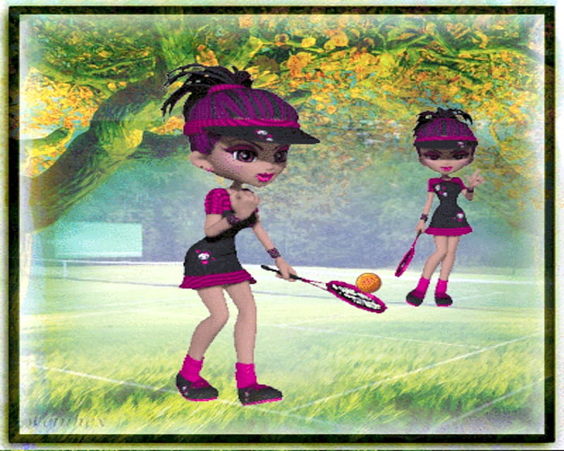 playing tennis, dolls, sport, green, framed, doll, tennis, esports, HD wallpaper