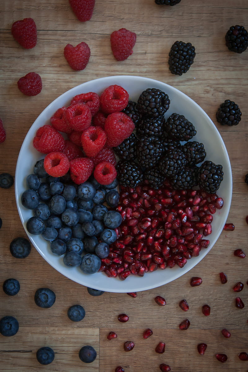 raspberries, blueberries, blackberries, pomegranate, berries, bowl, HD phone wallpaper