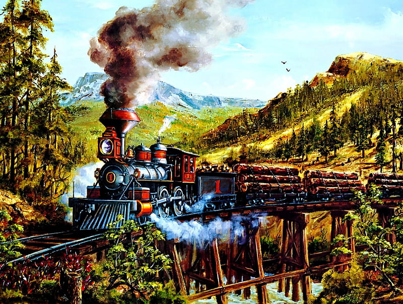 Smoke, Steam and Timber F, railroad, art, locomotive, bonito, illustration, artwork, train, engine, painting, wide screen, tracks, HD wallpaper