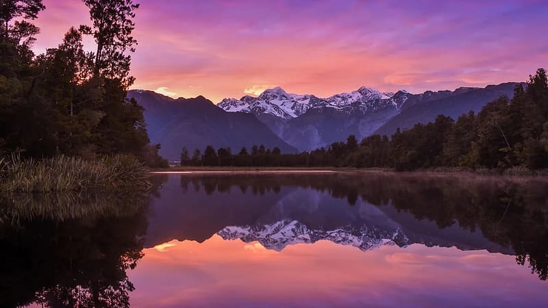 Sunrise over Lake Matheson, New Zealand, reflections, clouds, trees, water, landscape, colors, mountains, sky, HD wallpaper