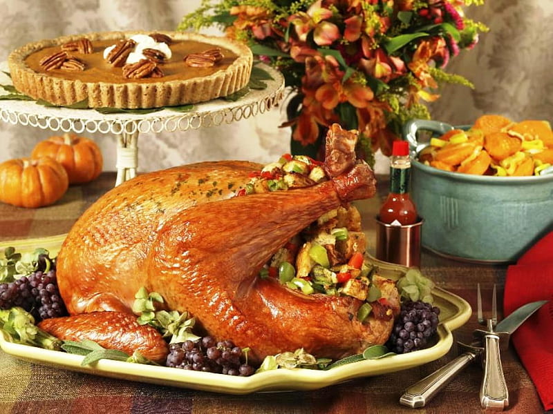 Traditional Thanksgiving Dinner, food, turkey, thankful, pumpkin pie, thanksgiving, HD wallpaper