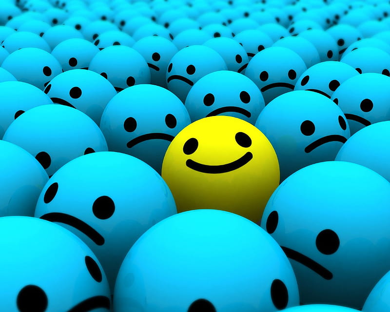 Different, happy face, smiley, yellow, abstract, happy, sweet, cute, 3d, blue, HD wallpaper