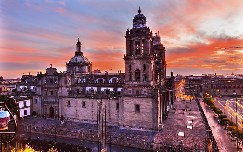 Metropolitan Cathedral, Mexico City, Zocalo Mexico, sunset, Mexico City landmarks, evening, HD wallpaper
