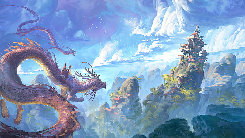 Fantasy Dragon Is Having People On Back Sitting Near Castle Dreamy, HD wallpaper