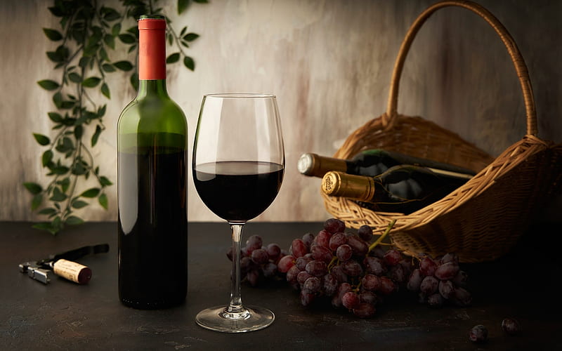 Wine Still Life, basket, bottle, wine, grapes, glass, still life, HD wallpaper
