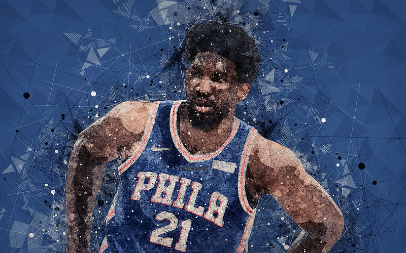 Joel Embiid, Philadelphia 76ers face, creative geomeric portrait, art portrait, NBA, Cameroonian basketball player, USA, basketball, HD wallpaper