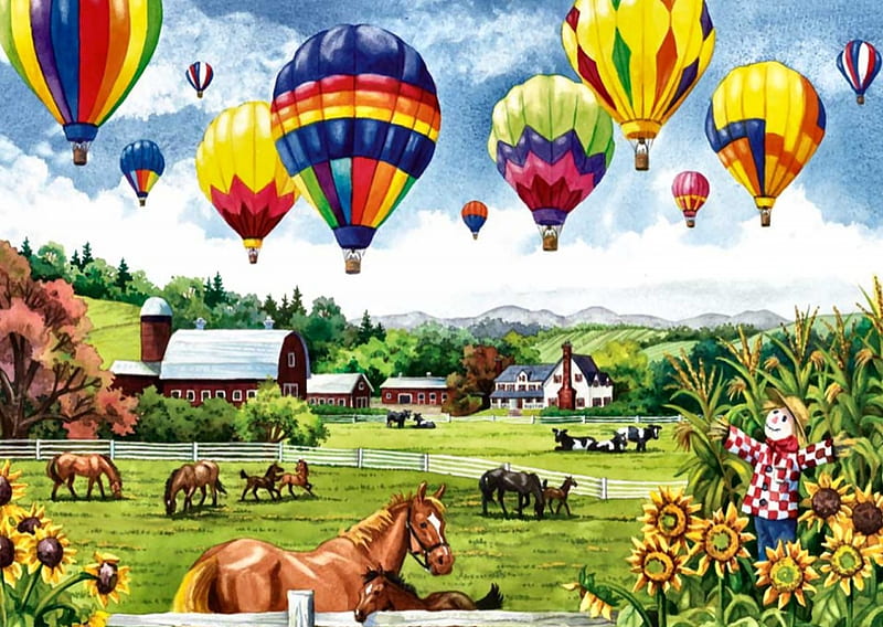 Balloons Over Pasture F1, art, flight, equine, horse, artwork, balloons, painting, wide screen, flowers, scenery, aviation, landscape, HD wallpaper