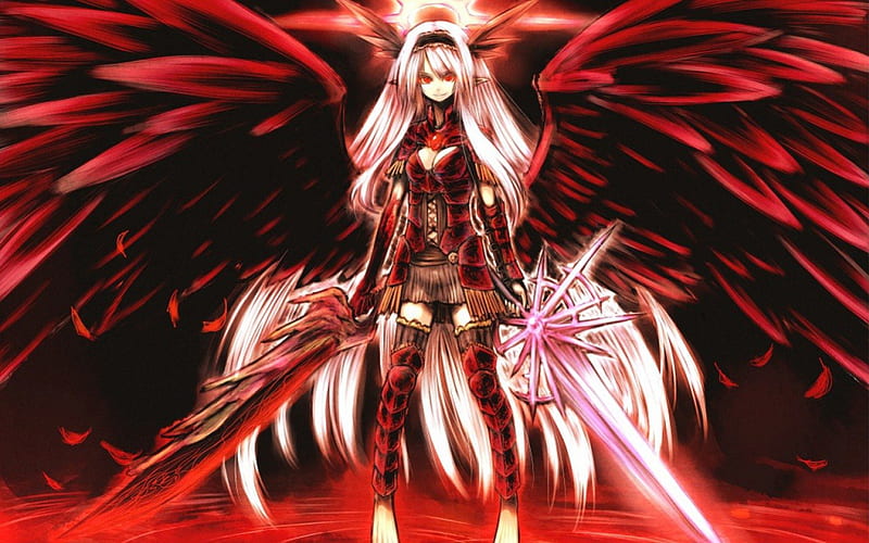 Angel of war, armor, wings, girl, angel, long hair, sword, HD wallpaper