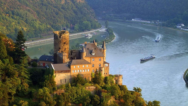 Castle of Katz, Rhine, Germany, ships, walls, towers, river, landscape, HD wallpaper