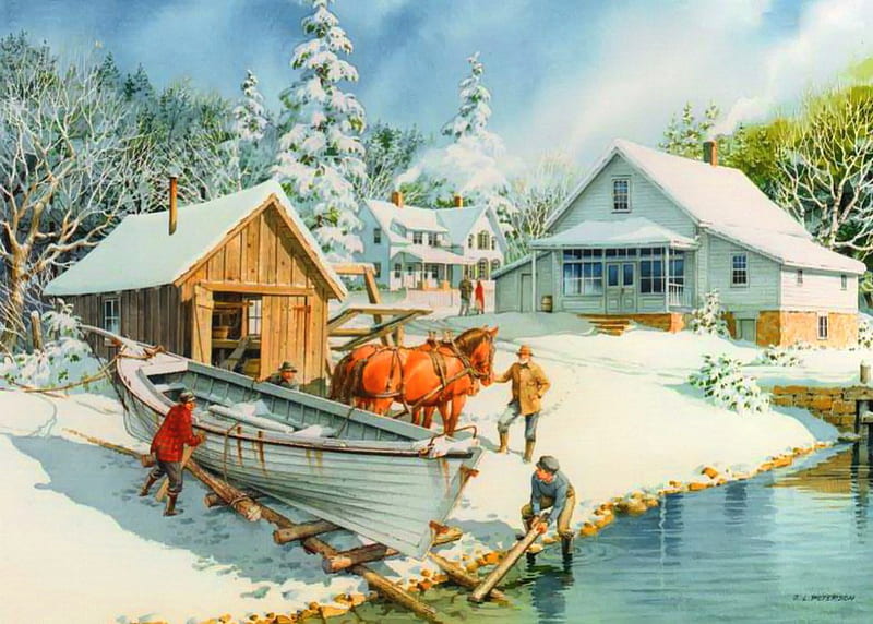 November at Anderson's dock, november, cold, countryside, boat, dock, painting, village, river, frost, rural, art, houses, trees, winter, snow, ice, peaceful, frozen, HD wallpaper