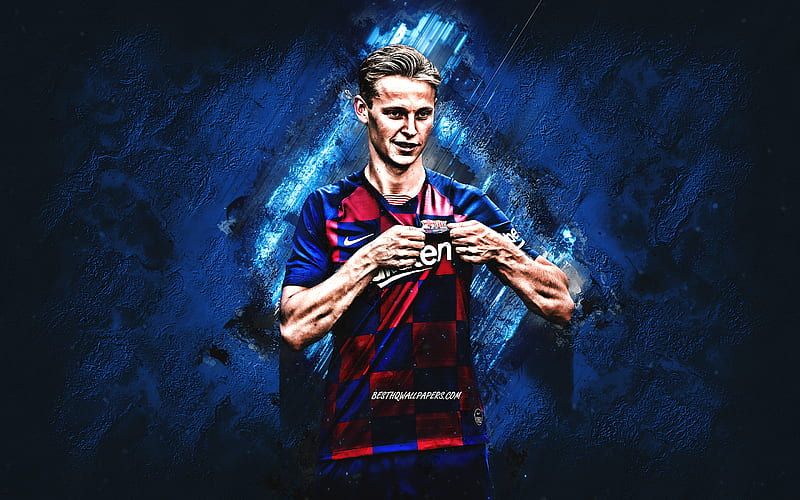 Frenkie de Jong, portrait, creative blue background, Dutch soccer player, midfielder, FC Barcelona, football, La Liga, HD wallpaper