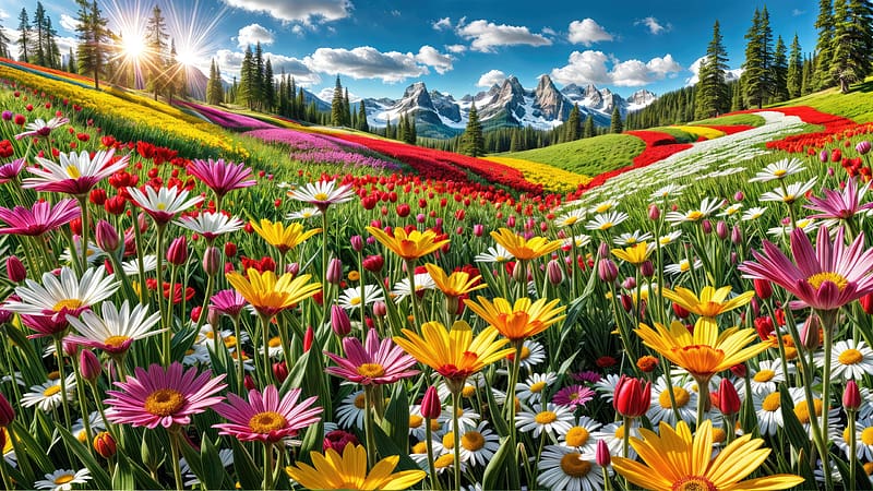 Floral meadow, carpet, summer, beautiful, spring, meadow, colorful, wildflowers, flowers, field, sky, HD wallpaper