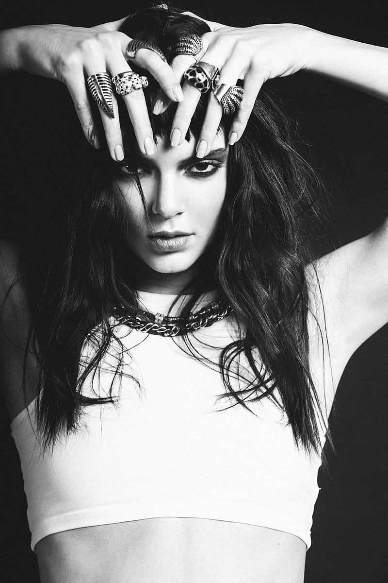 Kendall Jenner, women, model, brunette, monochrome, hand on face, makeup, long hair, dark hair, HD phone wallpaper