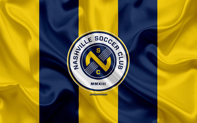 Nashville SC American football club, logo, yellow blue flag, emblem, USL Championship, Nashville, Tennessee, USA, USL, silk texture, soccer, United Soccer League, HD wallpaper