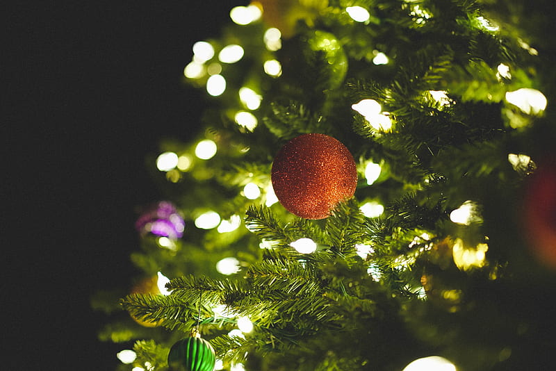 orange ball decor on green christmas tree, HD wallpaper