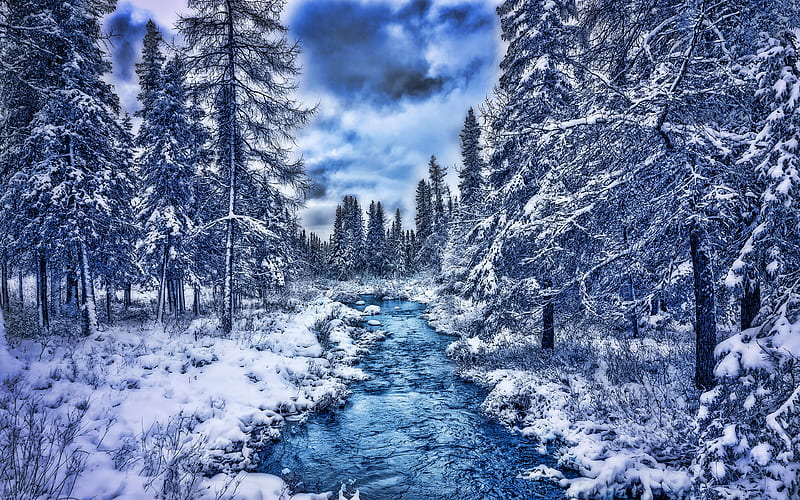 winter blue river, R, beautiful nature, forest, snowdrifts, winter landscapes, HD wallpaper