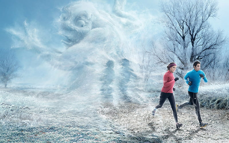 Jogging, ghost, morning, 1920x1200, fog, winter, cold, HD wallpaper