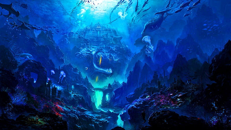 Underwater Kingdom, city, fantasy, fish, ocean, HD wallpaper