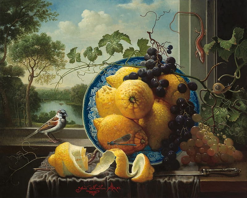 Beside the window, grapes, fruit, art, bird, yana movcha, painting, yellow, lemon, blue, HD wallpaper