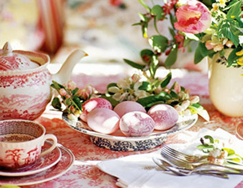 Morning Easter, table, celebration, colors, home, breakfast, easter, welcoming, eggs, flowers, arrangement, morning, pink, HD wallpaper