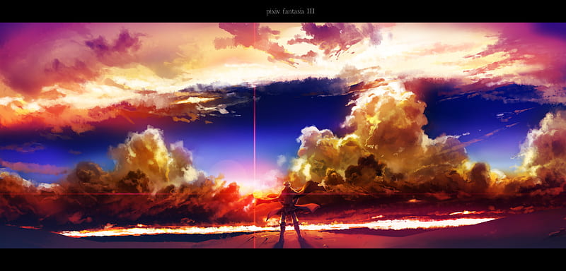 Pivix Fantasia, male, tree, sun, anime, sunset, scenary, HD wallpaper