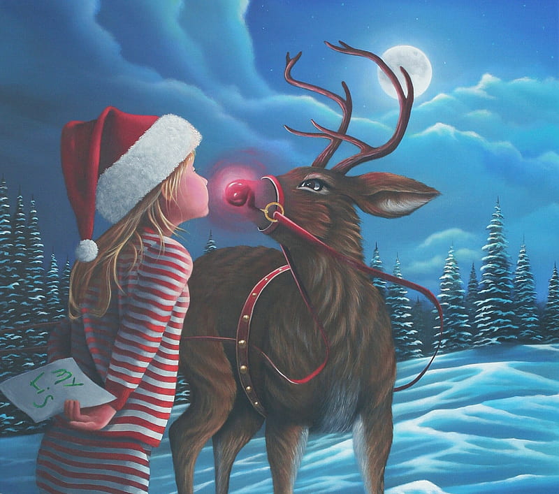 Rudolph kiss, red, moon, craciun, christmas, geno peoples, kiss, hat, santa, moon, copil, reindeer, night, blue, letter, rudolph, HD wallpaper