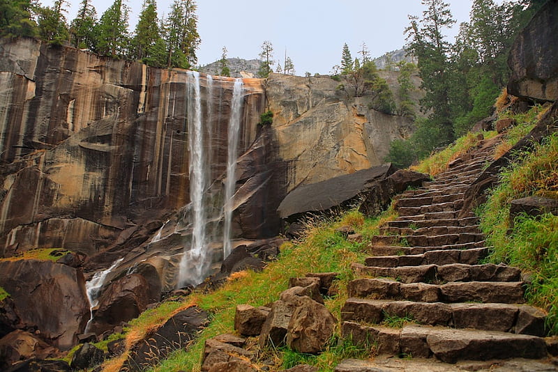 Vernal Falls Steps, Yosemite National Park, water, usa, california, mountains, river, trees, HD wallpaper