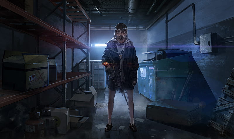 anime girl, mask, post-apocalyptic, underground, dark, coat, Anime, HD wallpaper